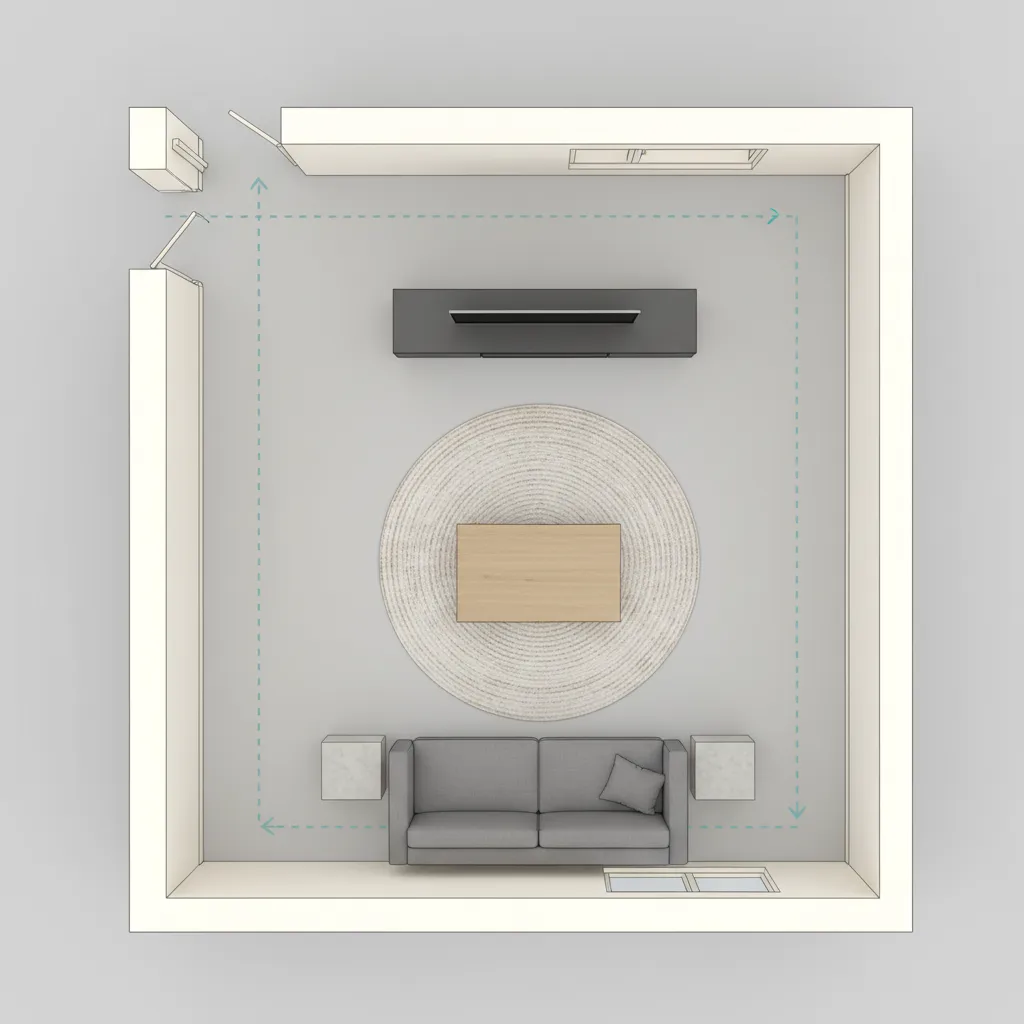 Floor plan showing sofa table and walking clearance spacing in a living room layout