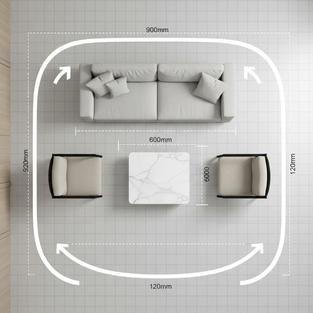 living room diagram showing furniture spacing and circulation paths
