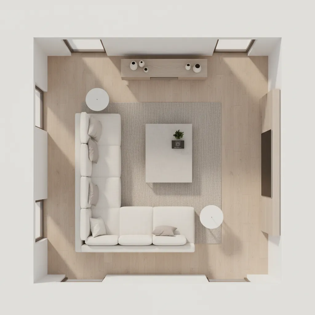 Living room layout diagram showing proper spacing between sofa coffee table and walkway