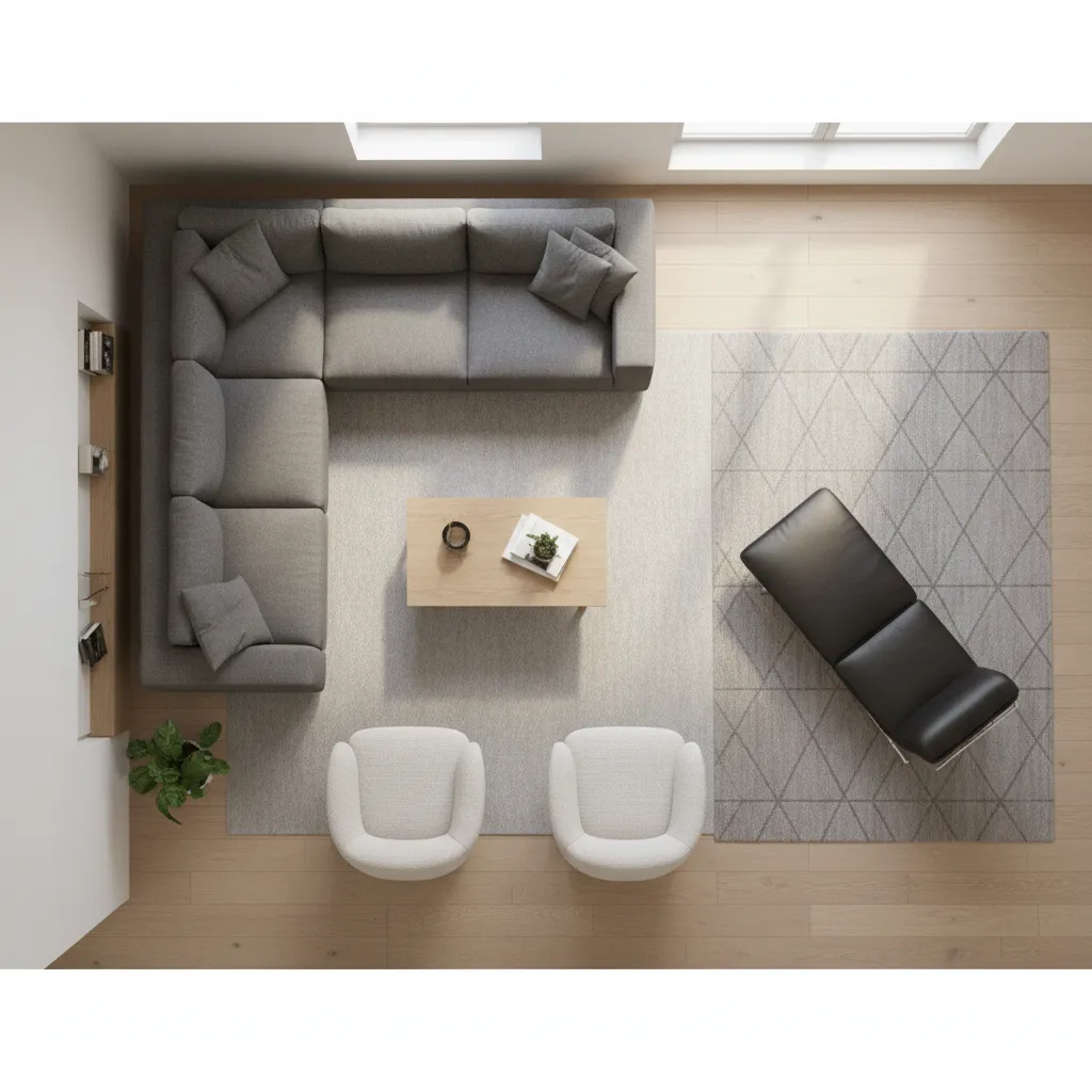 living room layout diagram showing walking space and furniture spacing distances