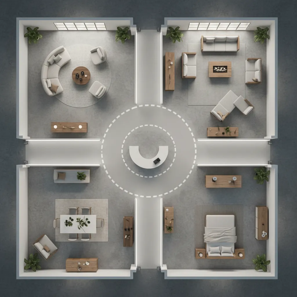 Plano de distribución de una tienda de muebles con zonas de exposición