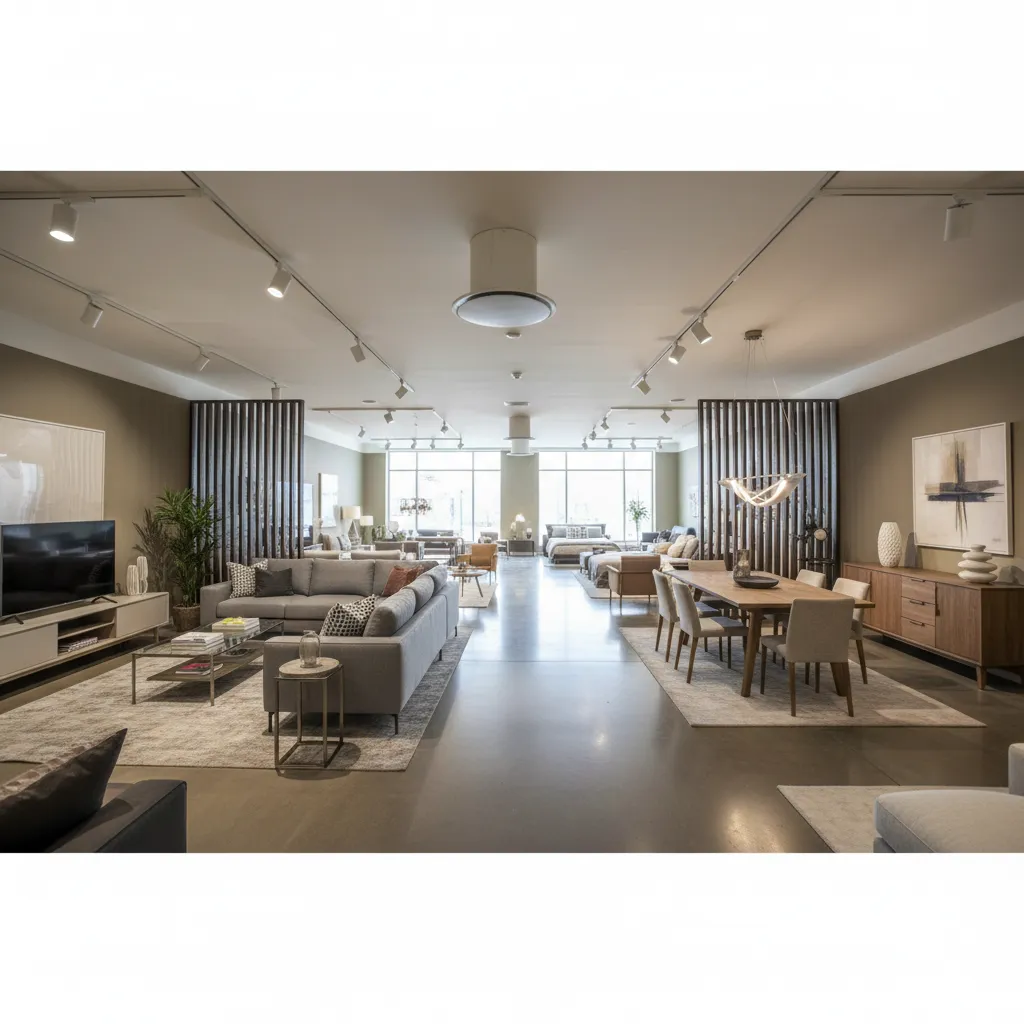 Tienda de muebles organizada en diferentes ambientes de hogar