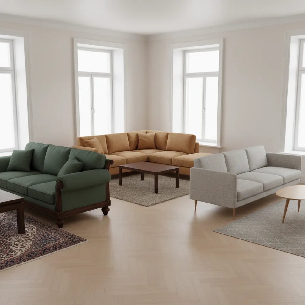 Furniture style comparison from heavy 1990s sofas to 2005 transitional pieces and modern 2010s minimal furniture
