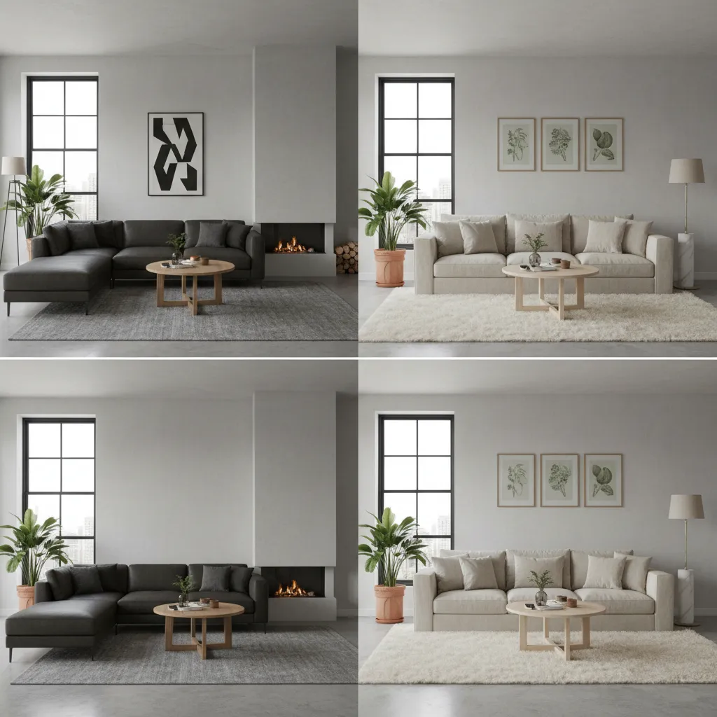 Comparison of dark leather sofa and light fabric sofa affecting room visual weight