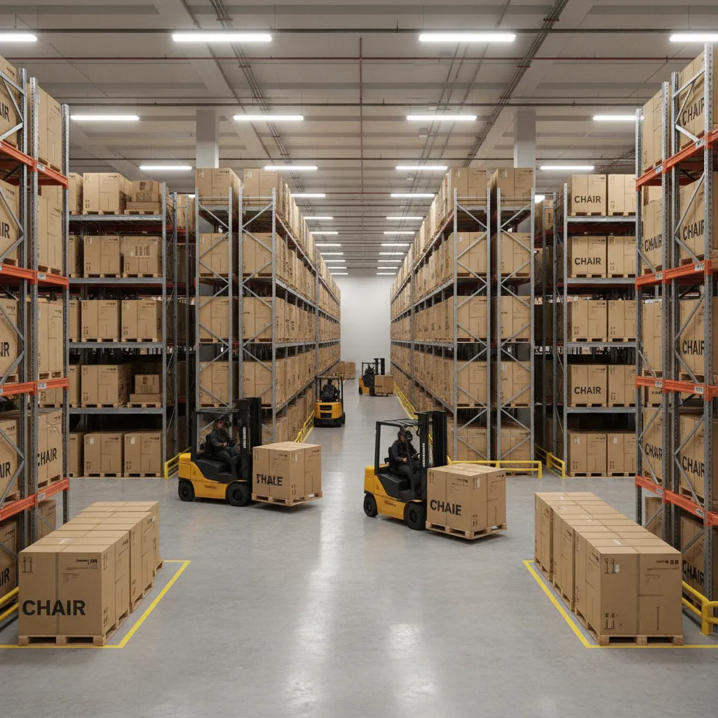 large furniture warehouse showing storage racks and shipping area