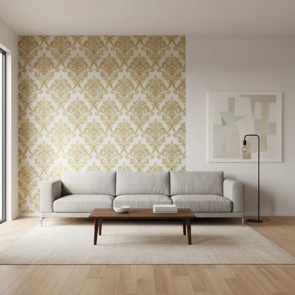 Modern furniture paired with classic damask wallpaper in living room