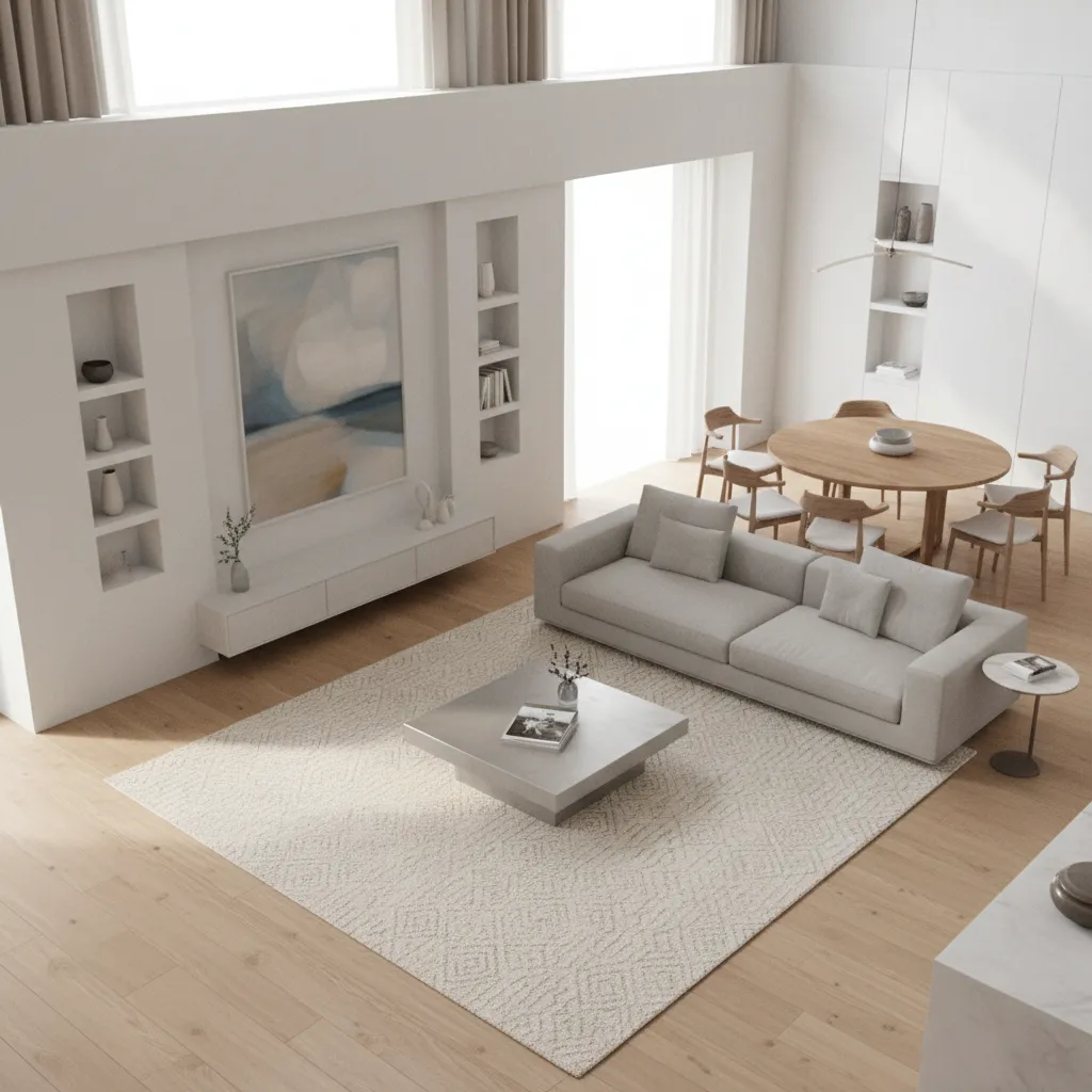 Living room layout showing sofa placement creating separation between living and dining zones