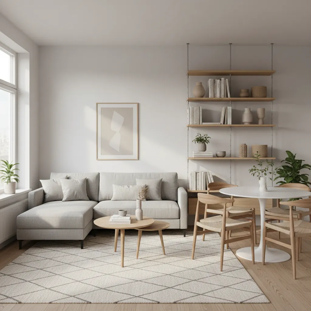 Furniture zoning layout separating living and dining in a small apartment