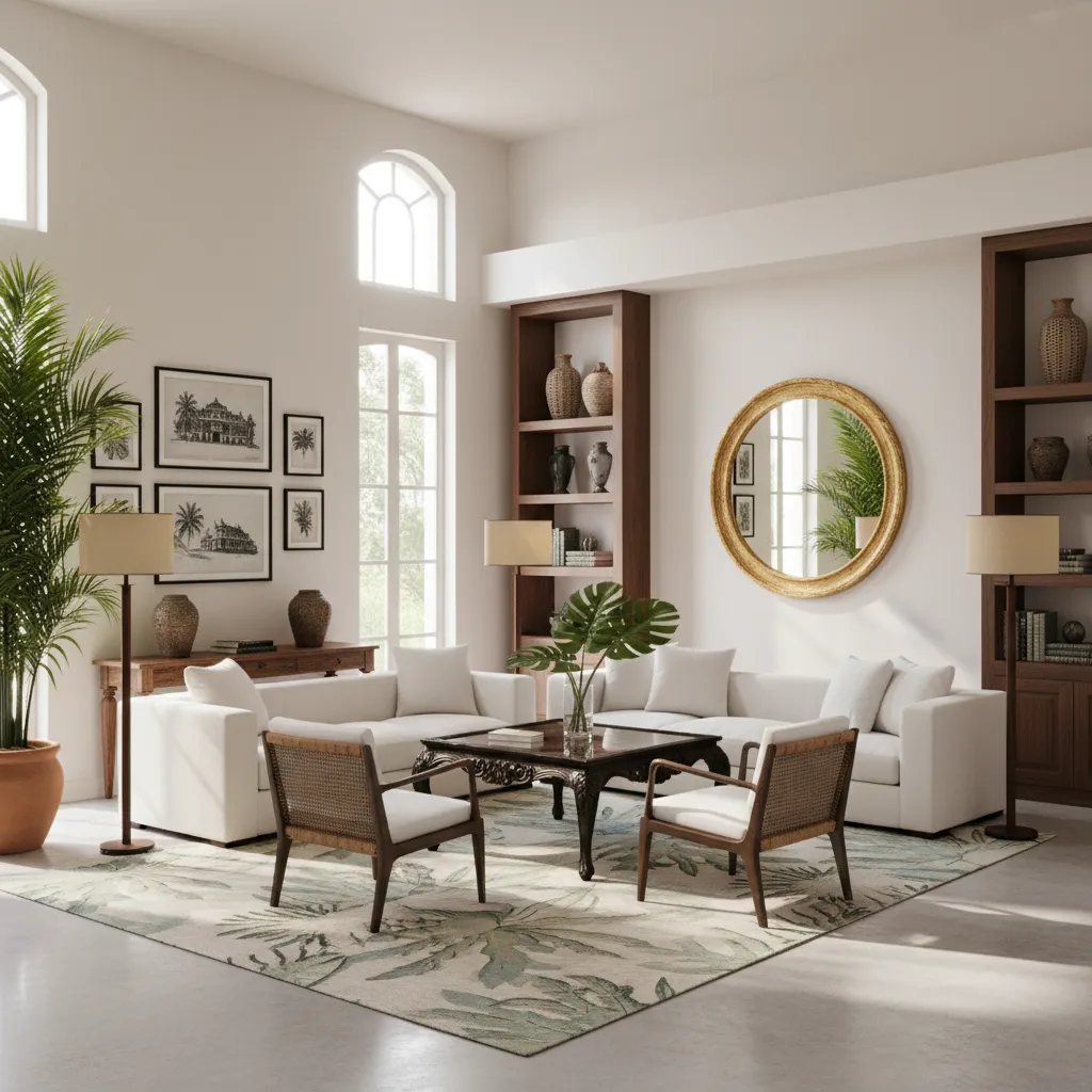 Interior moderno con muebles coloniales combinados con diseño contemporáneo