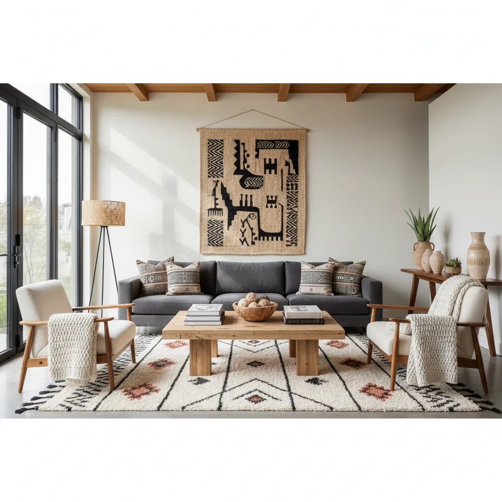 Interior moderno con elementos decorativos étnicos