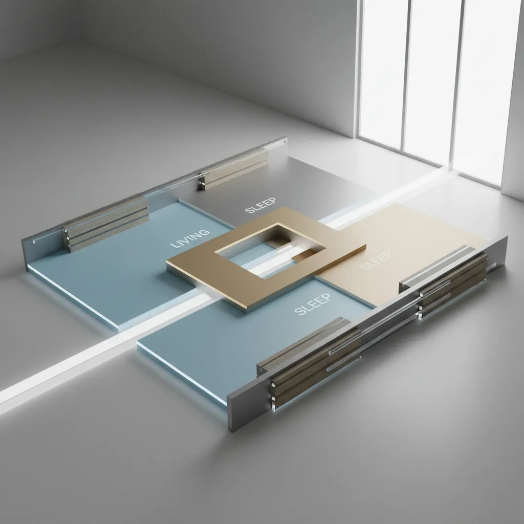 Modern interior design drawing showing room layout with labeled living and sleeping zones near windows