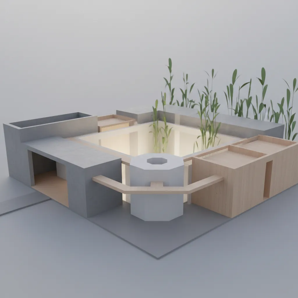 Interior design drawing showing a modern courtyard layout with concrete walls wood cabinets and plants
