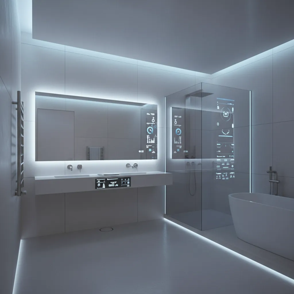 Futuristic smart bathroom concept with adaptive lighting and digital interfaces