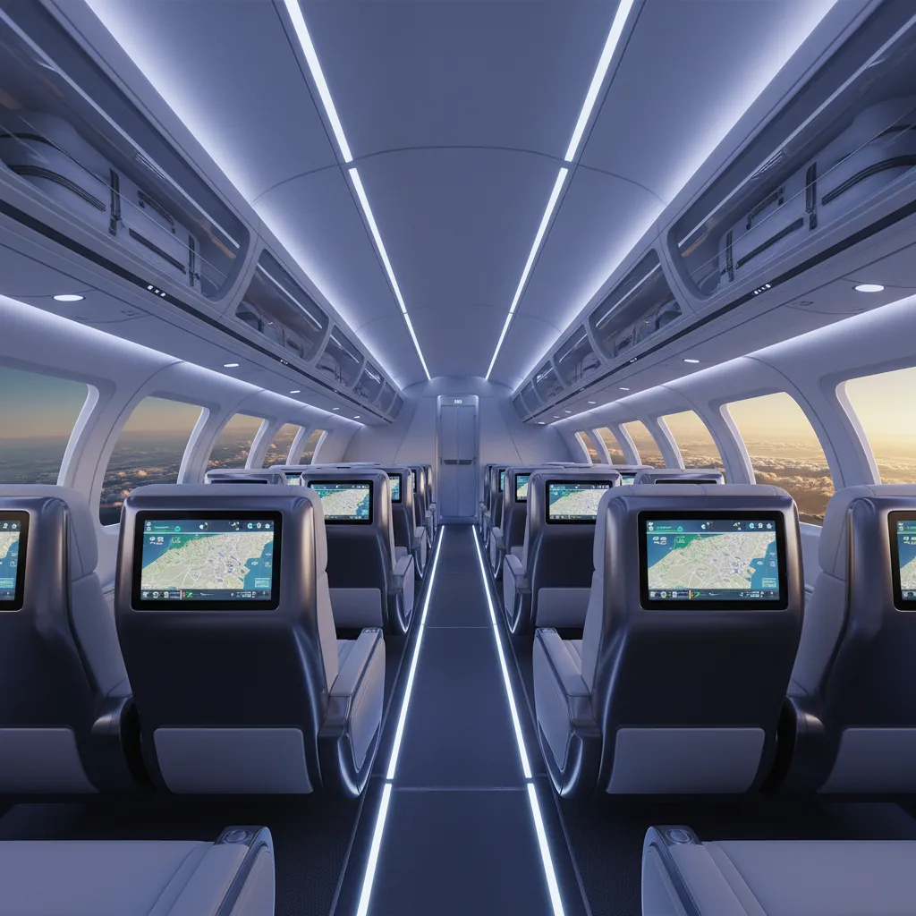 Modern airplane cabin interior design drawing featuring floor lights and seats with large map screens