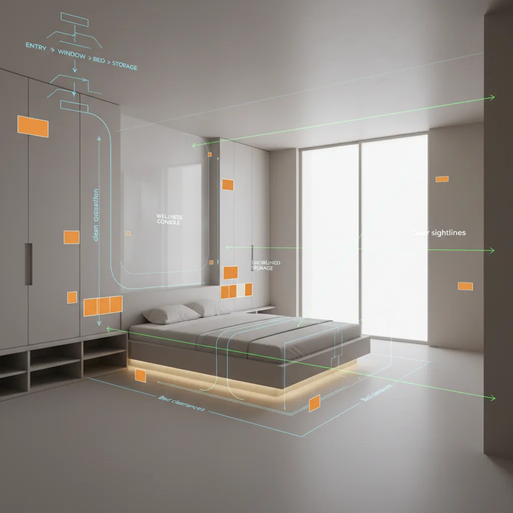 Rendering a Bedroom Floor Plan with Human Figures: How I choreograph scale, flow, and future habits in a single-room diagram