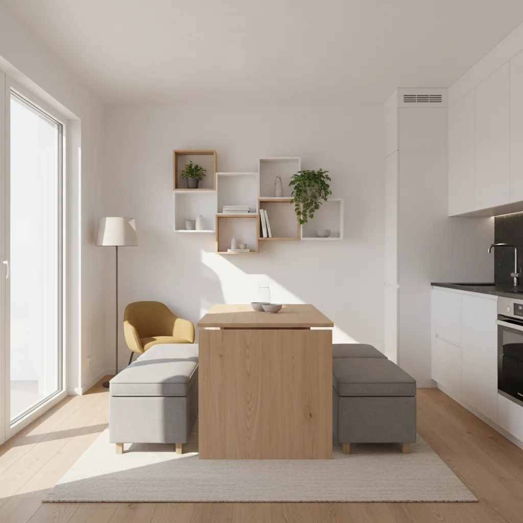Expandable slim dining table in modern small apartment