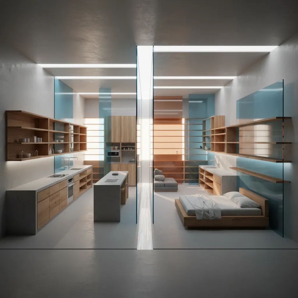 Modern interior design drawing with wooden cabinets white bed grey sofa and bright ceiling lights