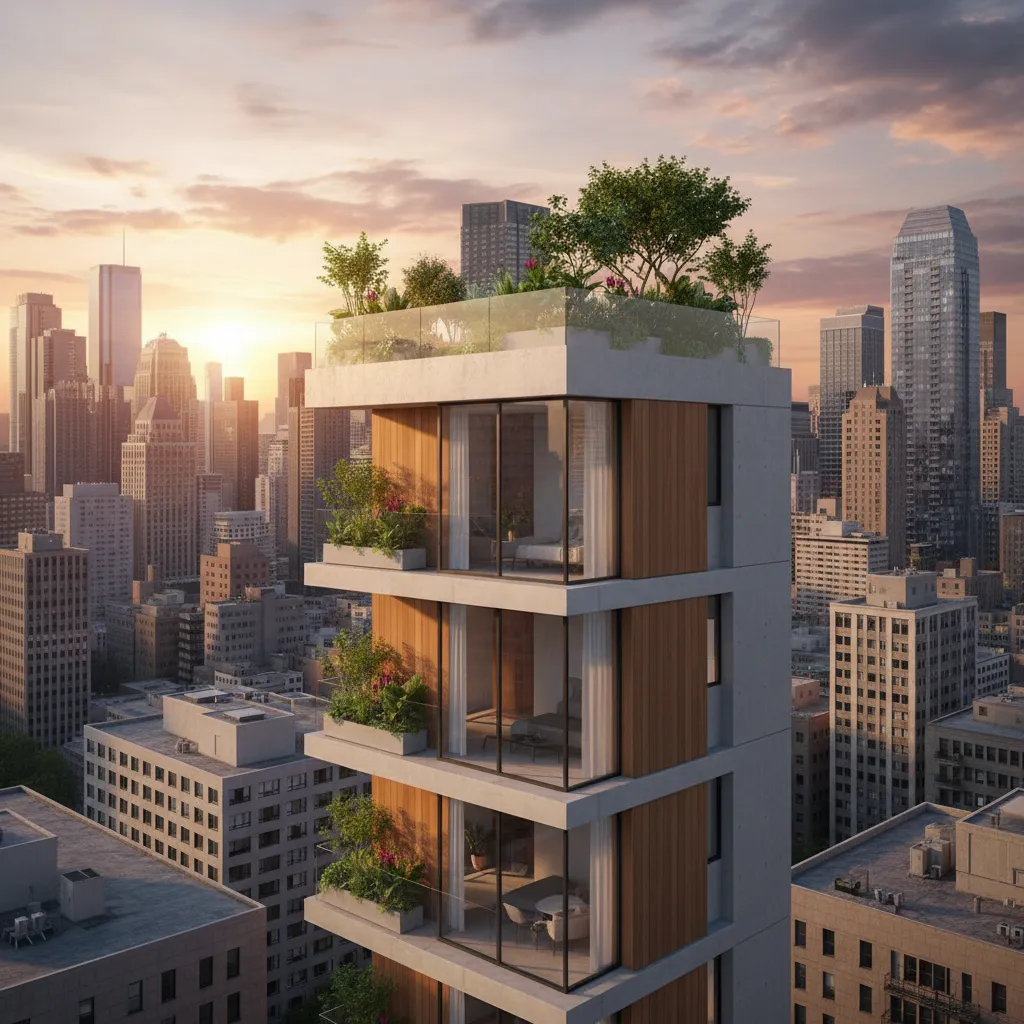 modern compact vertical house with rooftop terrace in city