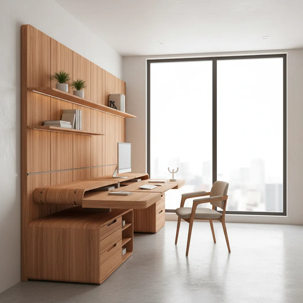 Modern wooden wall desk with shelves featuring a computer chair wall panel and bright window