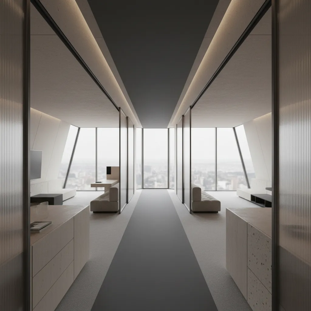 Modern office interior design drawing with glass walls beige sofas wooden desks and city view