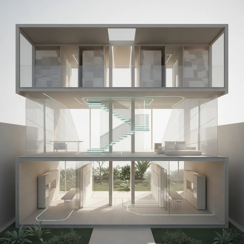 Modern three-story interior design drawing with glass walls and stairs for a contemporary house look