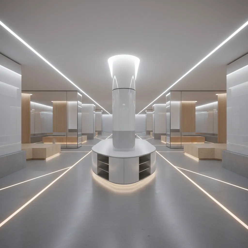 Modern gym interior design with central white pillar, glowing floor light strips, and wooden benches