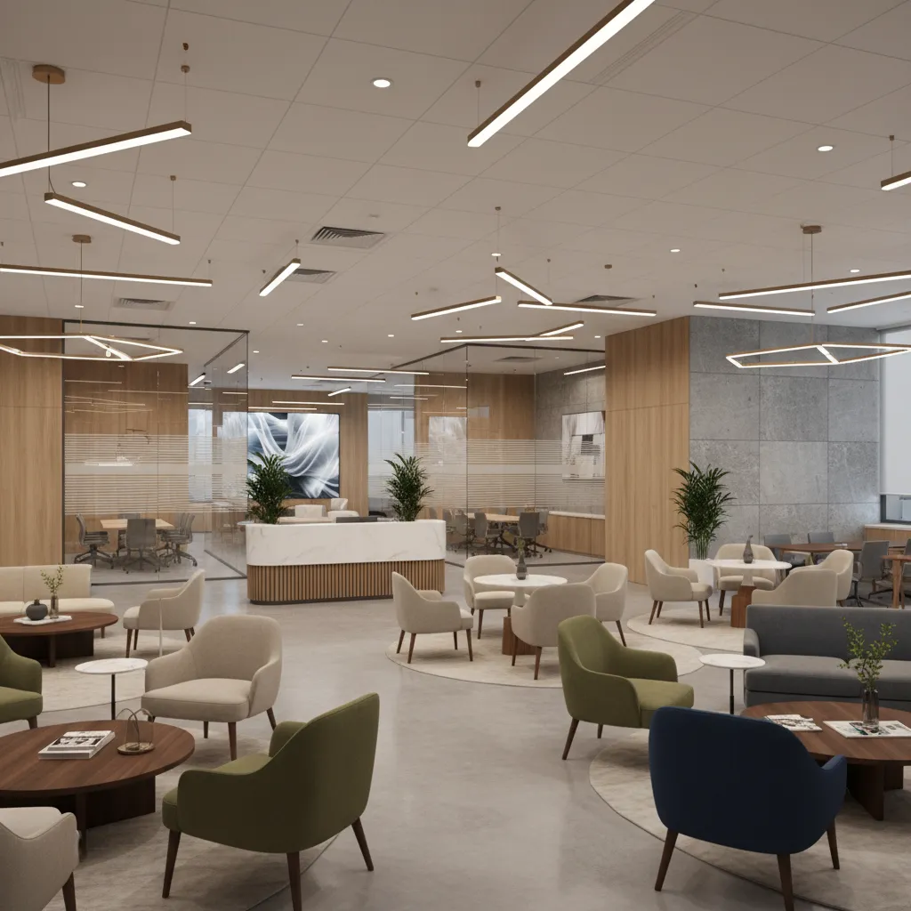 Future oriented insurance agency interior with flexible meeting spaces and modern materials