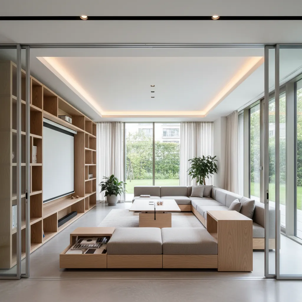Interior moderno con espacios multifuncionales