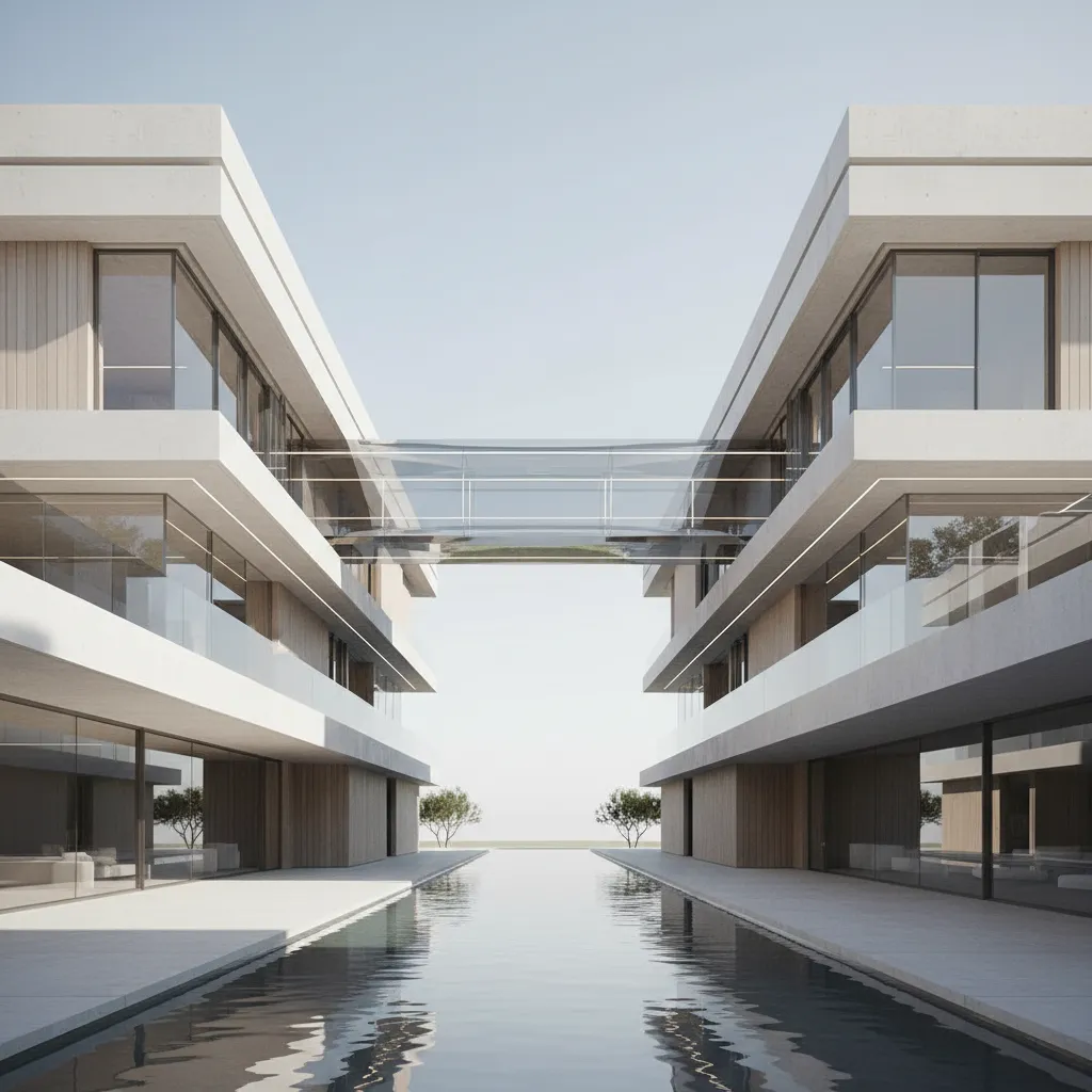 Modern white concrete luxury mansion with glass bridge over a long narrow outdoor swimming pool water