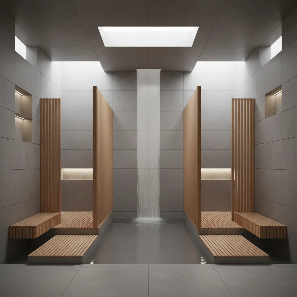 Modern spa bathroom design with gray stone walls central waterfall feature wooden benches and natural light