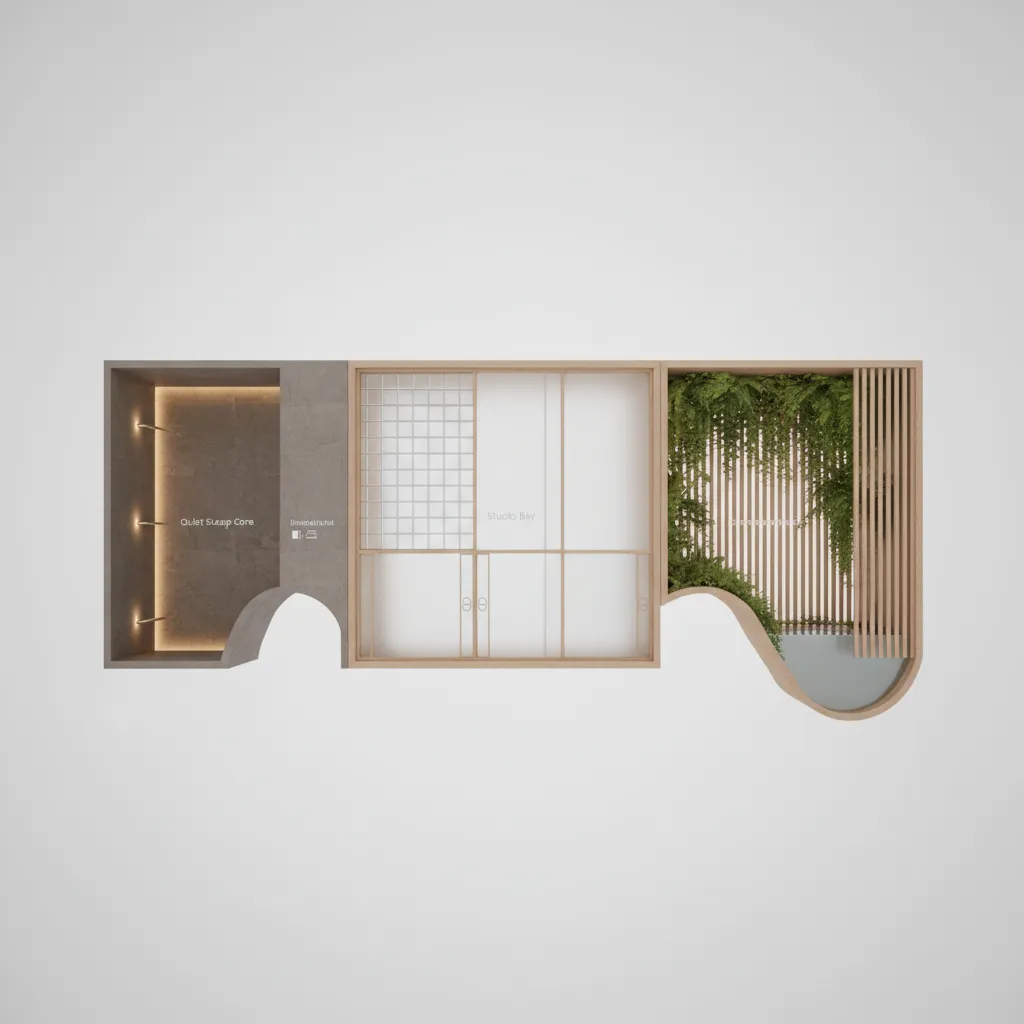 Minimalist interior design drawing showing room layout with grey walls wood frames and hanging plants
