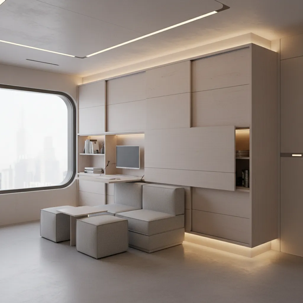 futuristic modular micro apartment with sliding furniture and smart storage