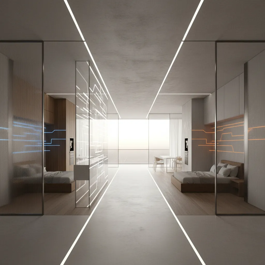 Modern interior design drawing of a hallway leading to a bedroom with bright ceiling lights