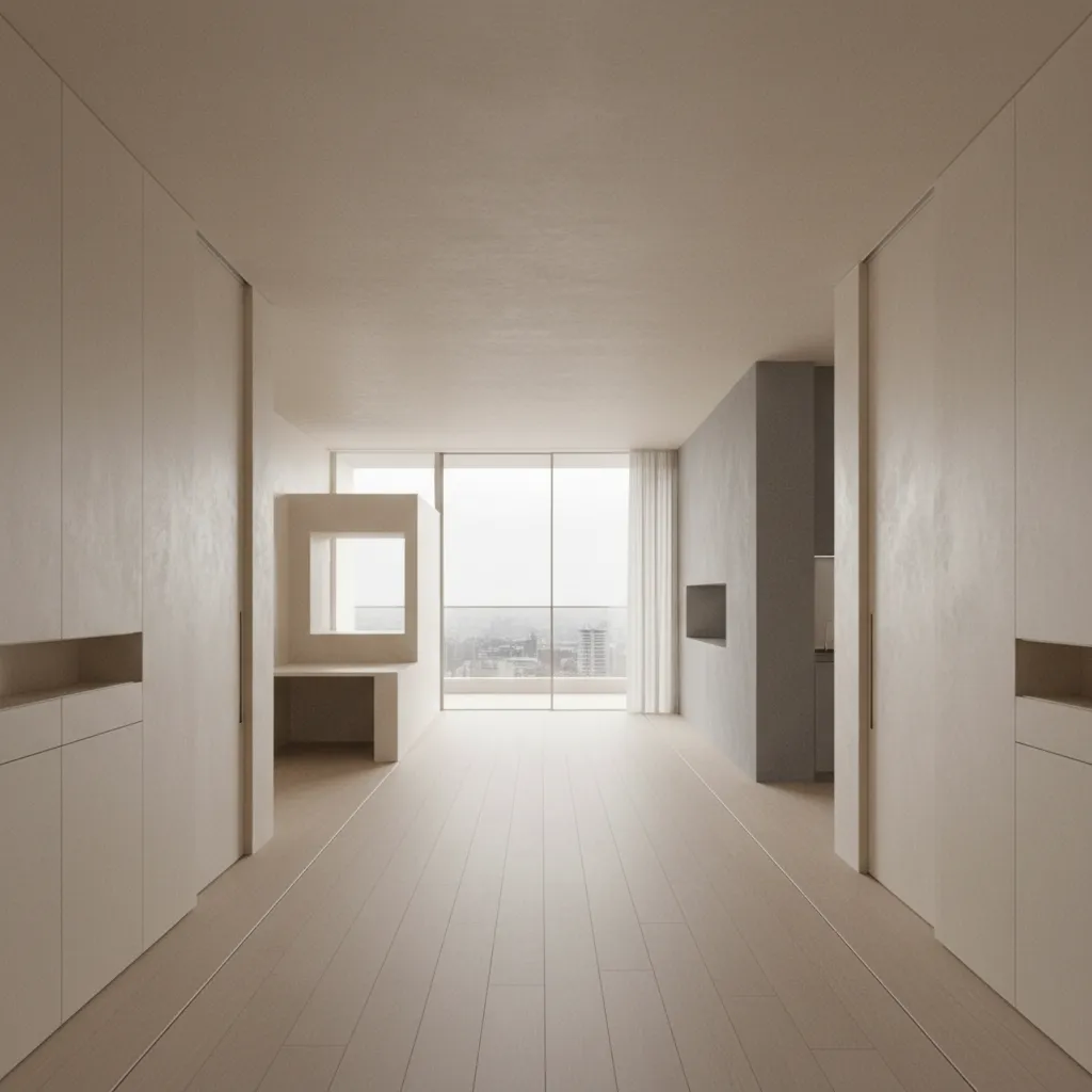 Minimalist interior design drawing showing a hallway with light wood flooring and large glass windows