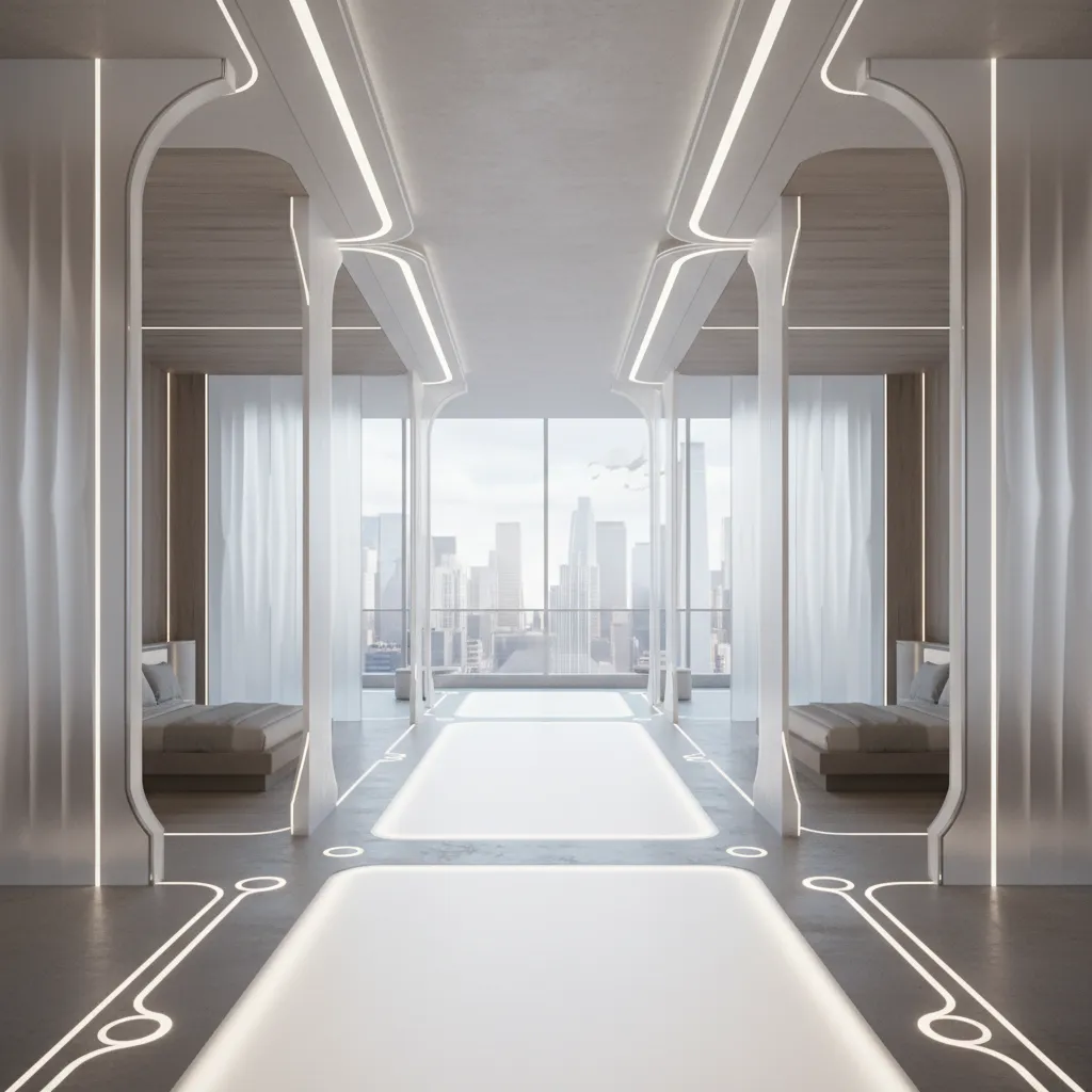 Futuristic white room with glowing floor light strips, two beds, and big windows showing city