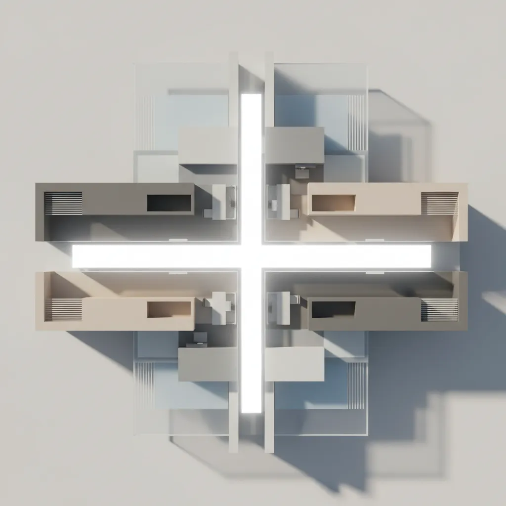 Modern interior design drawing showing a top down room layout with cross shaped ceiling light