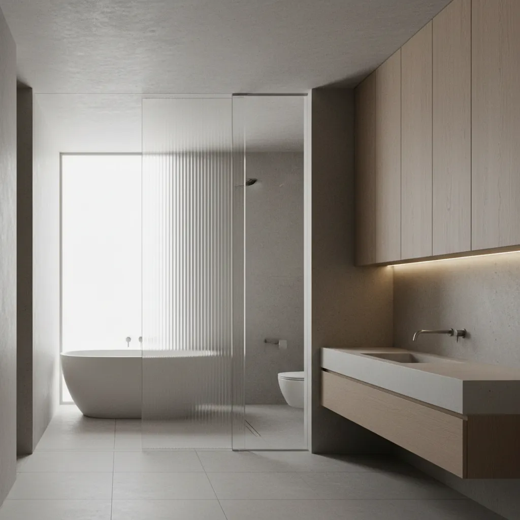 Modern bathroom interior design drawing with bathtub glass partition floating sink cabinet and wood storage