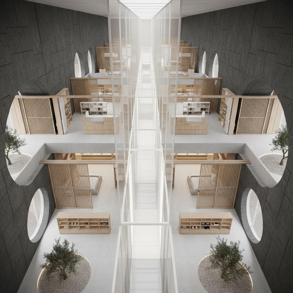 Interior design drawing of a symmetrical building with glass halls indoor trees and wooden furniture