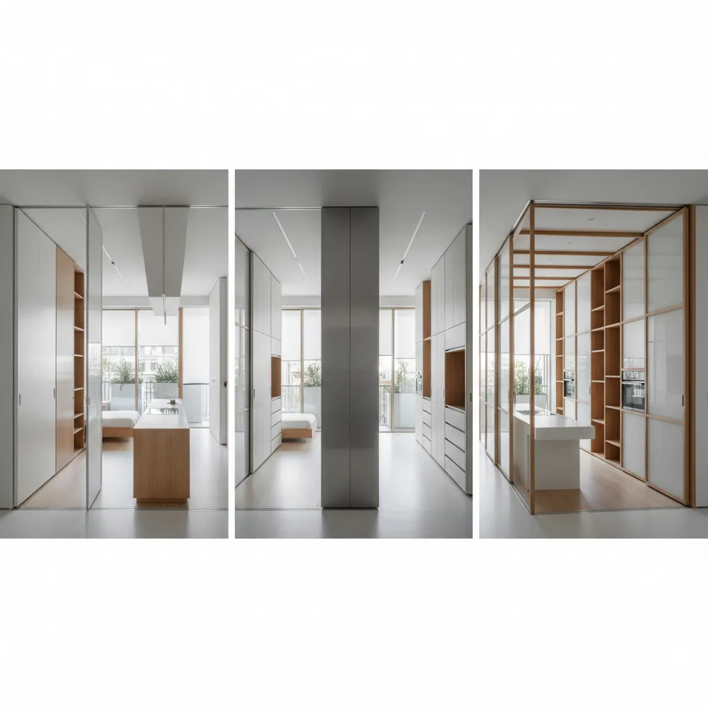 Modern minimalist apartment interior with white cabinets wood shelving glass doors and a kitchen island