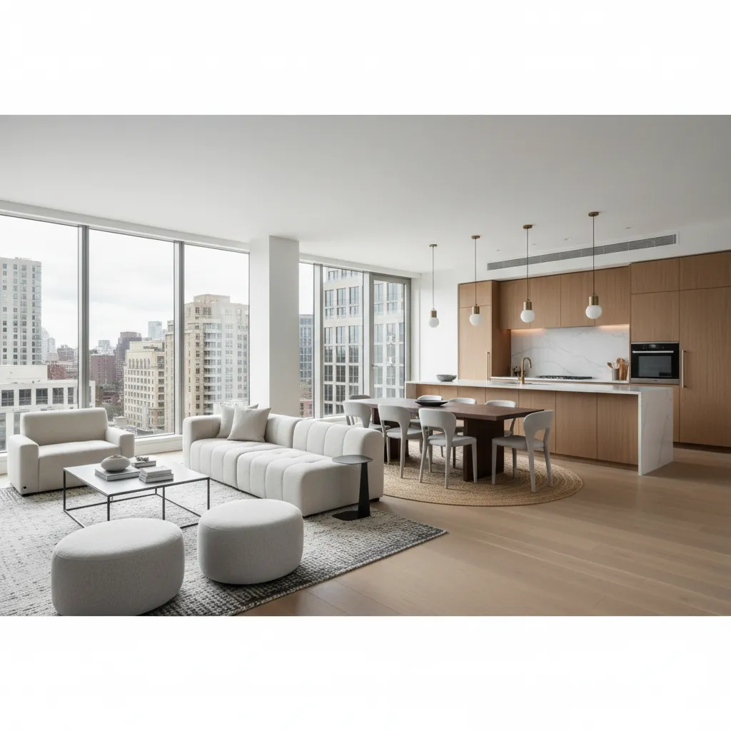 Open concept modern apartment living room with flexible layout and large windows