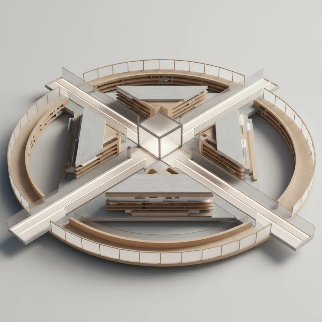 Interior design drawing showing a circular wooden walkway with glass railings and four central buildings