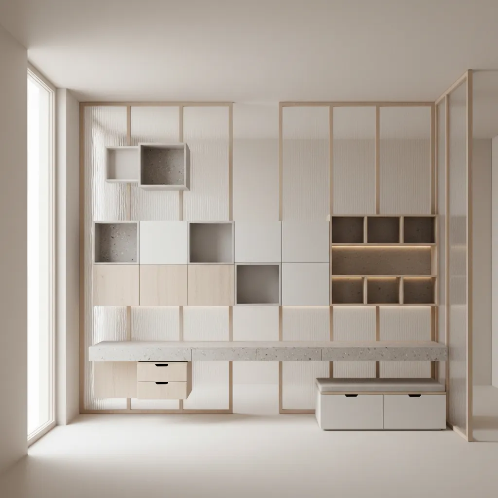 Modern kids room study area with wall panels desk storage boxes and natural light from windows