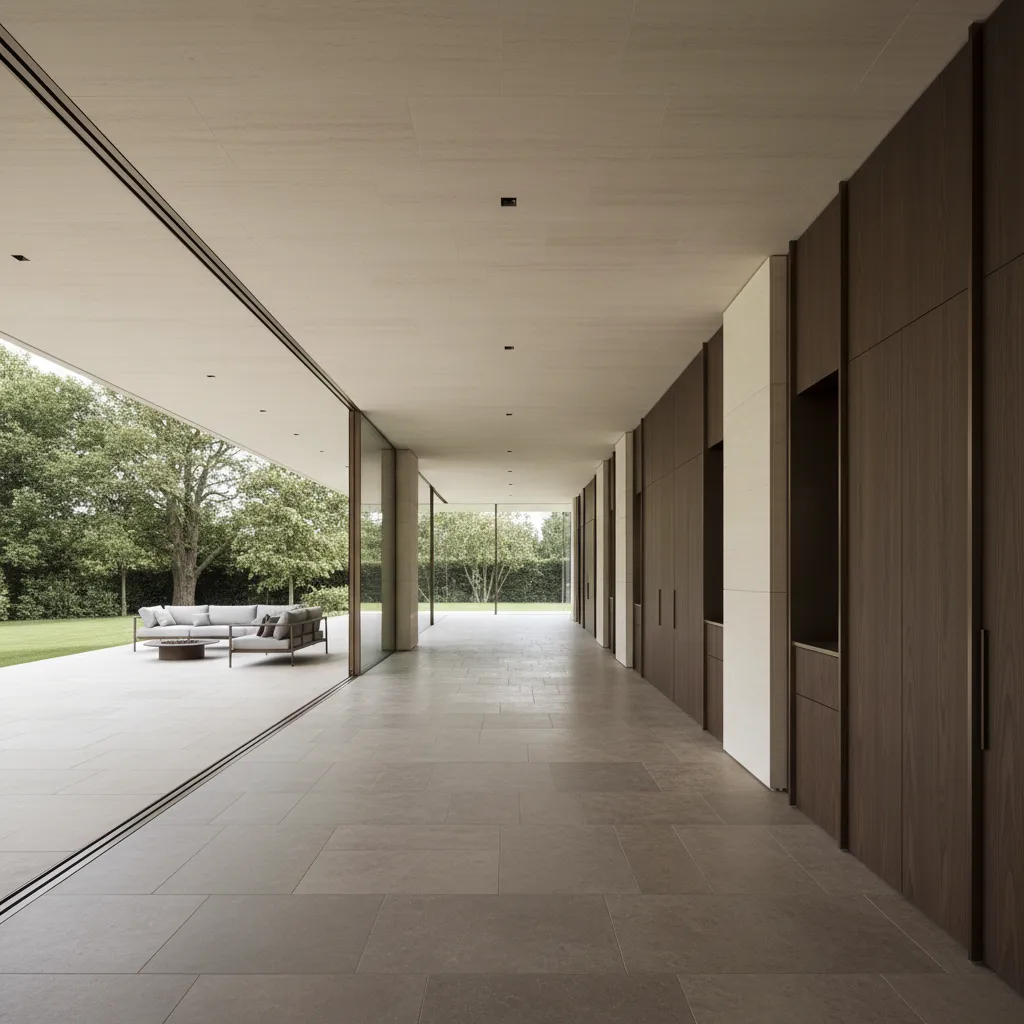 Luxury modern interior design drawing featuring long corridor wood cabinets glass walls and outdoor green garden