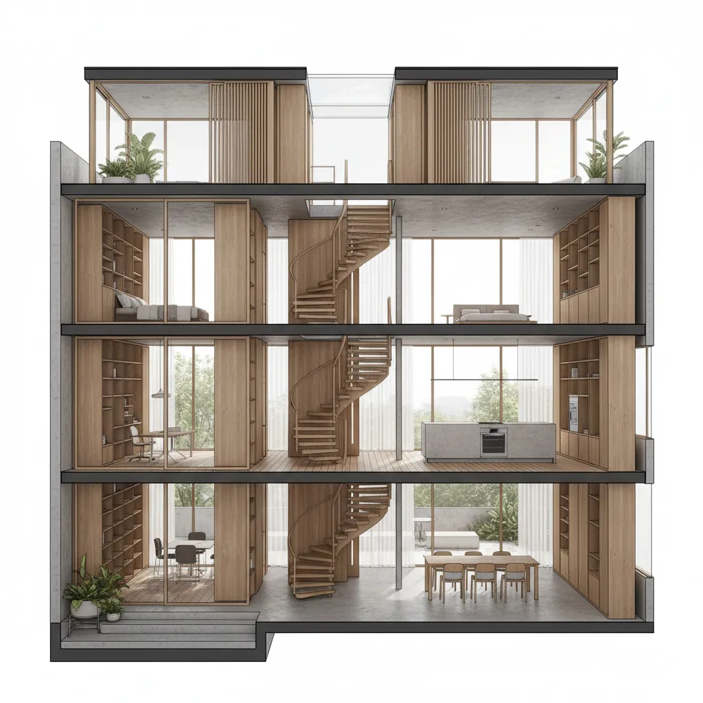 Four level interior design drawing showing wooden spiral staircase with minimalist rooms and glass windows