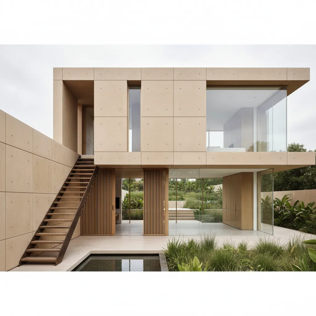 Two-Story Layout, Side Stair as Algorithm: A future-forward residential interface where the side stair compiles life into clear layers