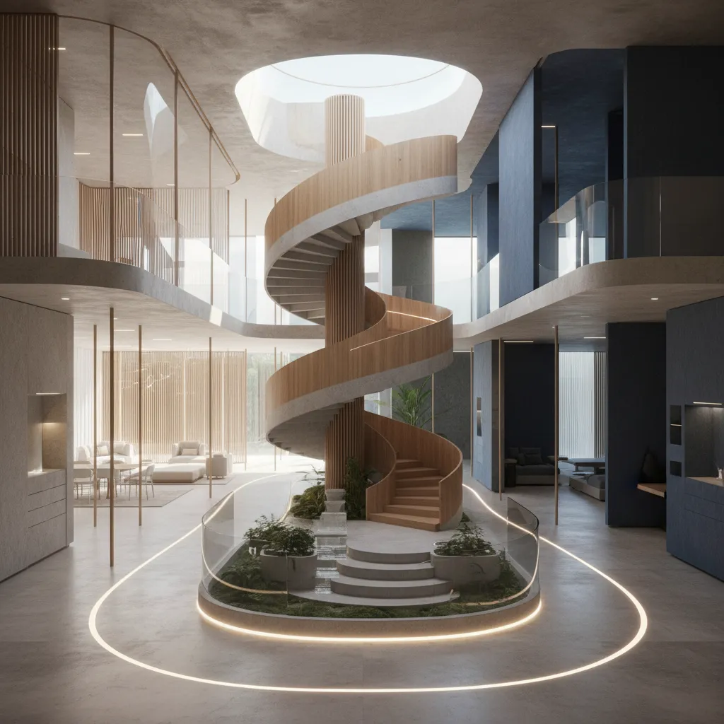 Modern interior design drawing featuring a wooden spiral staircase in a large open living space