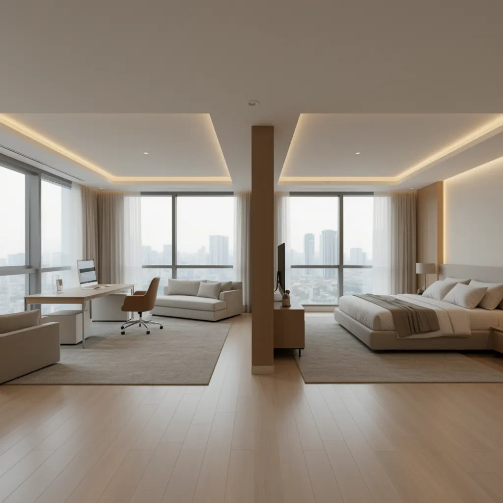 Futuristic smart apartment with clearly separated living, work, and private zones