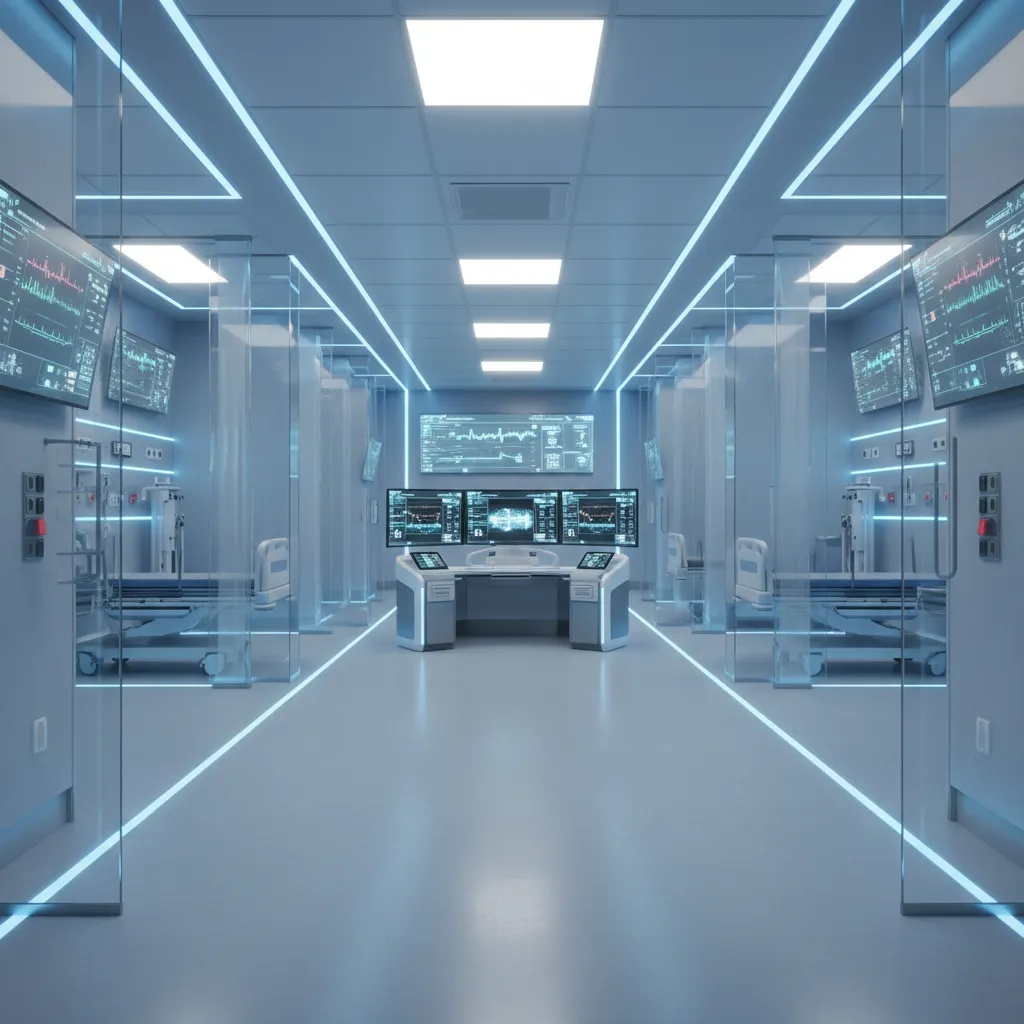 Futuristic hospital emergency department with digital monitoring screens and smart medical stations