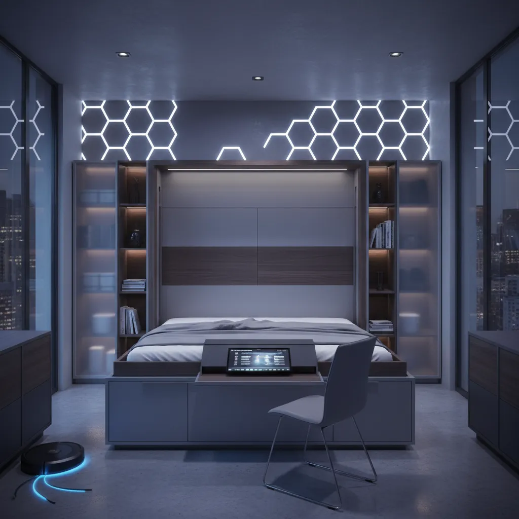 Futuristic bedroom featuring smart bed with tablet, grey chair, wall lights, and robot vacuum cleaner