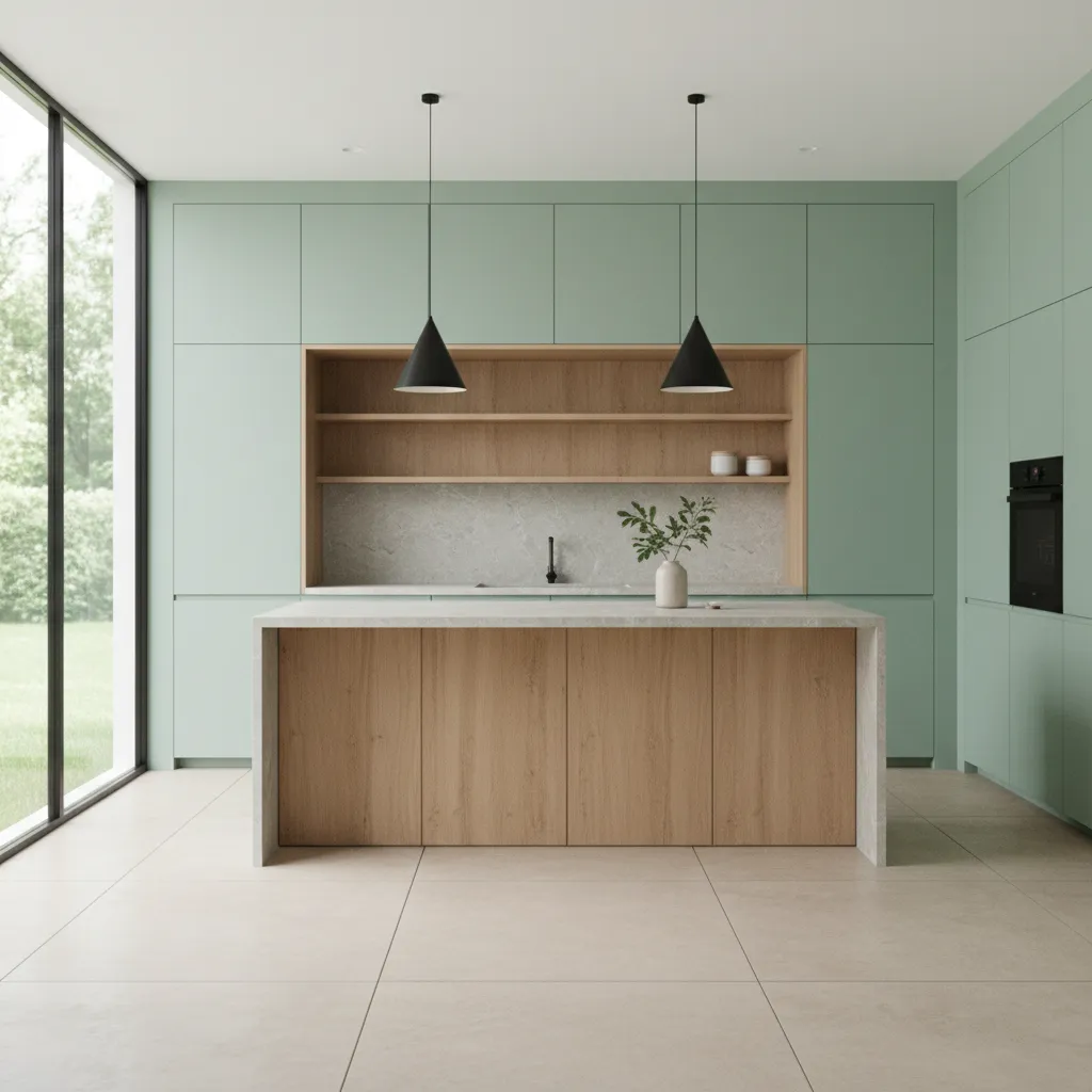 Future style kitchen with soft green cabinets and natural materials